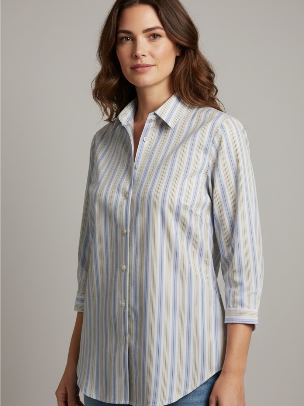 Eddie Bauer Light Blue and Cream Striped Button-Down Shirt
